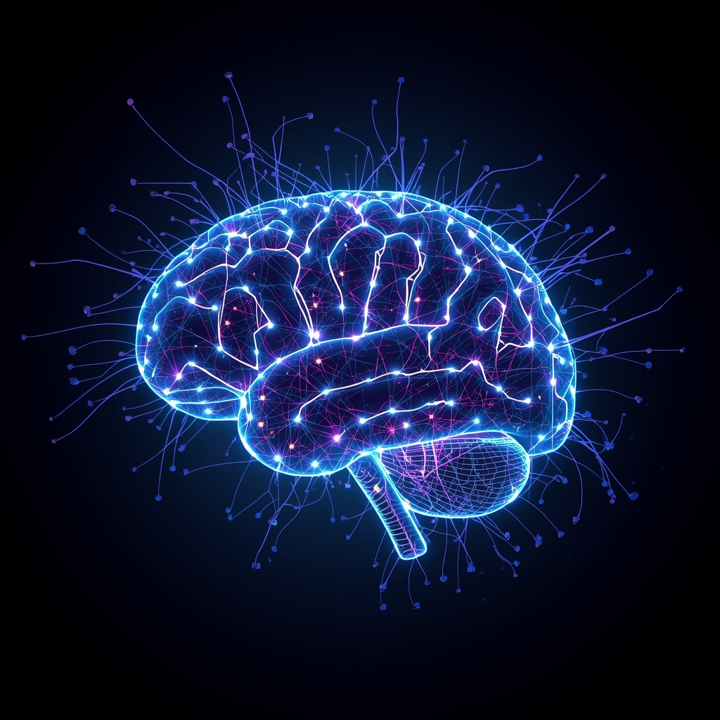 Futuristic artificial intelligence neural network visualization, glowing blue and purple synaptic connections, digital brain with circuit patterns, dark background, ultra-detailed, no people